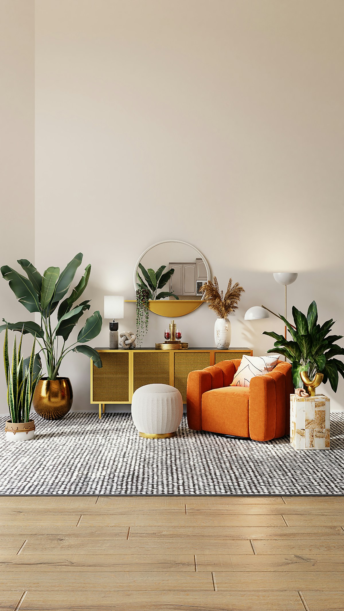 Bright contemporary interior with carefully aligned wallpaper