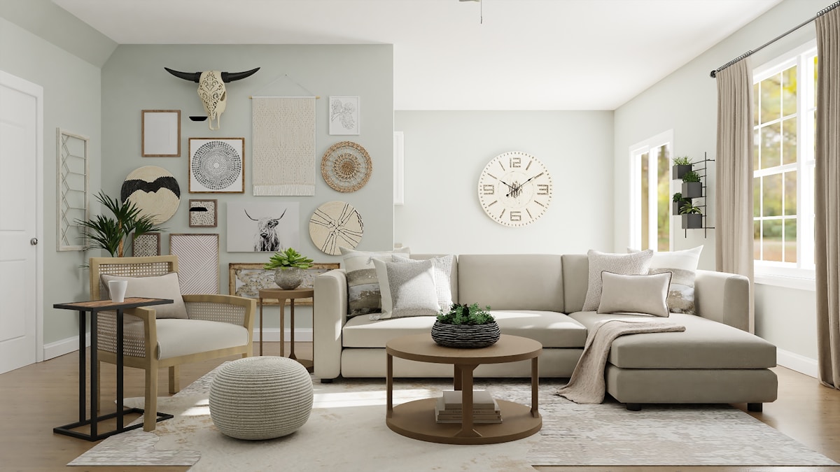 Bedroom with patterned wallpaper and soft natural light